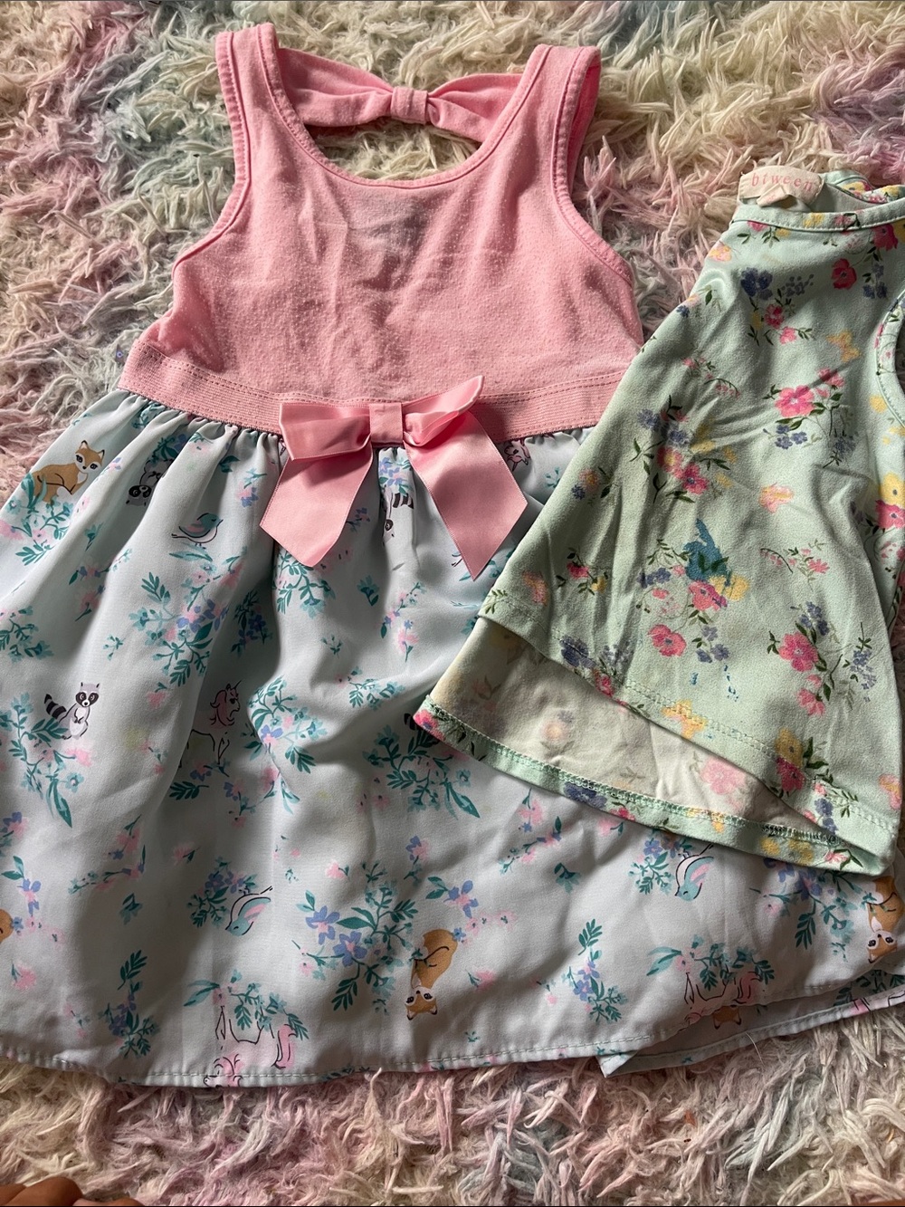 Girls' Pink Bow Floral Casual Dress - Sleeveless with Minty Floral Tank Top 4T
